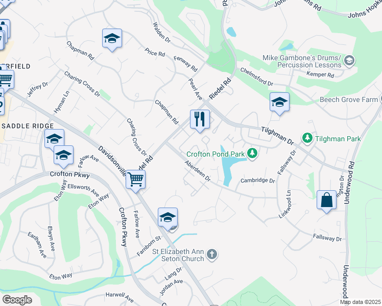 map of restaurants, bars, coffee shops, grocery stores, and more near 1721 East Bancroft Lane in Crofton