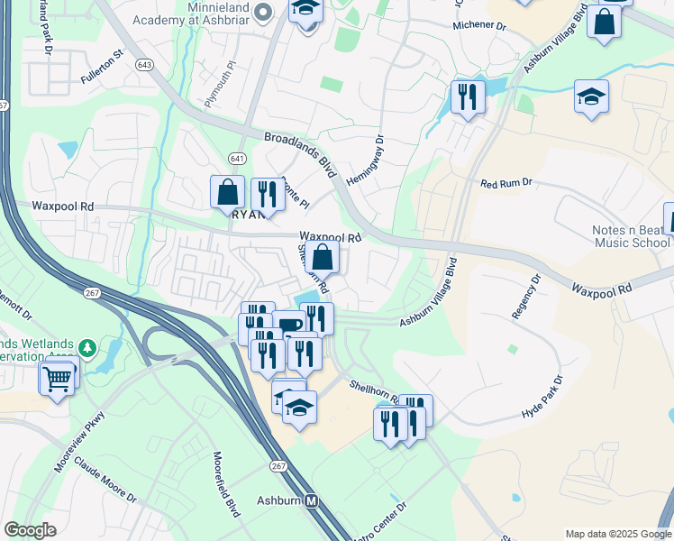 map of restaurants, bars, coffee shops, grocery stores, and more near 21792 Oakville Terrace in Ashburn