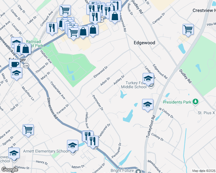 map of restaurants, bars, coffee shops, grocery stores, and more near 3083 Arbor Drive in Edgewood