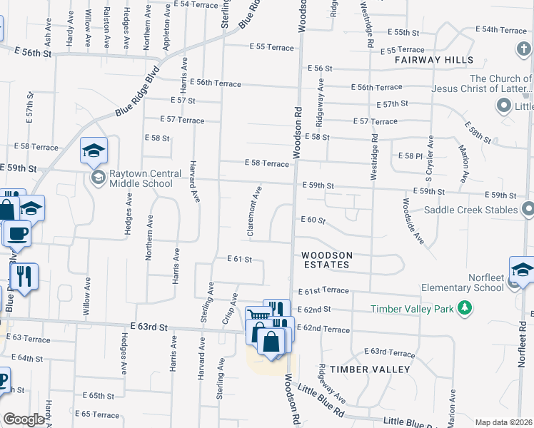 map of restaurants, bars, coffee shops, grocery stores, and more near 5914 Englewood Avenue in Raytown