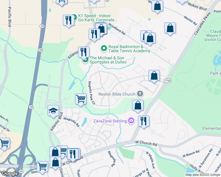 map of restaurants, bars, coffee shops, grocery stores, and more near 21768 Tottenham Hale Court in Sterling