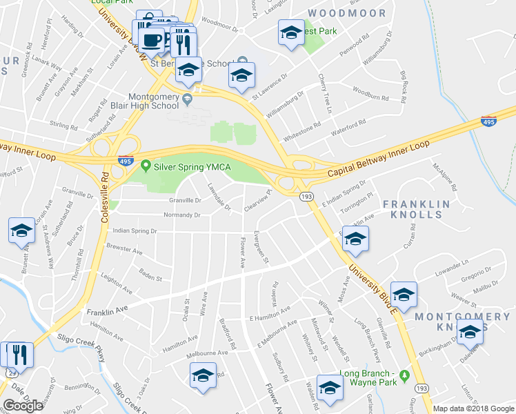 map of restaurants, bars, coffee shops, grocery stores, and more near 9609 Clearview Place in Silver Spring