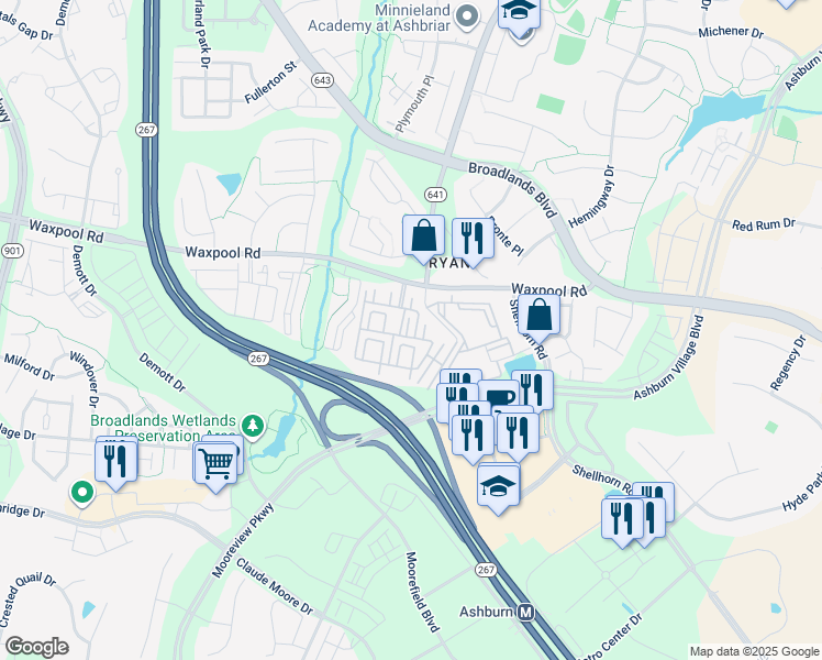 map of restaurants, bars, coffee shops, grocery stores, and more near 21799 Findon Court in Ashburn