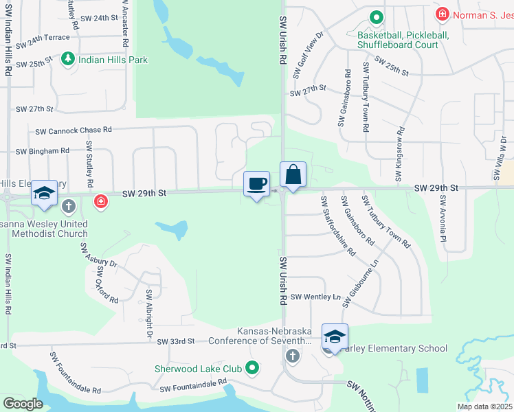 map of restaurants, bars, coffee shops, grocery stores, and more near 6829 Southwest 29th Street in Topeka