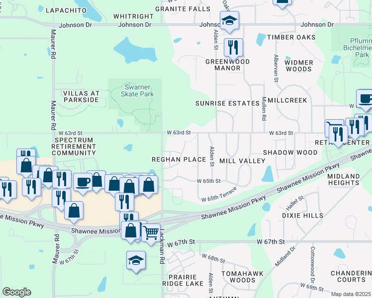 map of restaurants, bars, coffee shops, grocery stores, and more near 6323 Darnell Street in Shawnee