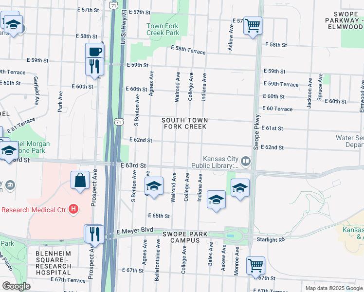 map of restaurants, bars, coffee shops, grocery stores, and more near 3221 East 62nd Street in Kansas City