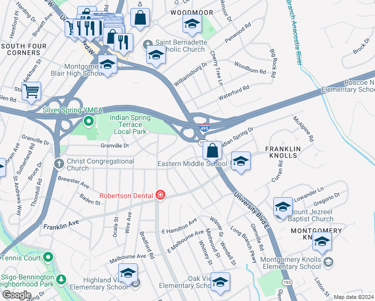 map of restaurants, bars, coffee shops, grocery stores, and more near 9621 Evergreen Street in Silver Spring