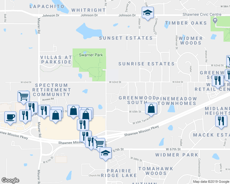 map of restaurants, bars, coffee shops, grocery stores, and more near 14908 West 64th Street in Shawnee