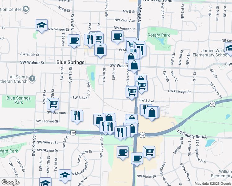 map of restaurants, bars, coffee shops, grocery stores, and more near 416 Southwest 9 Street in Blue Springs