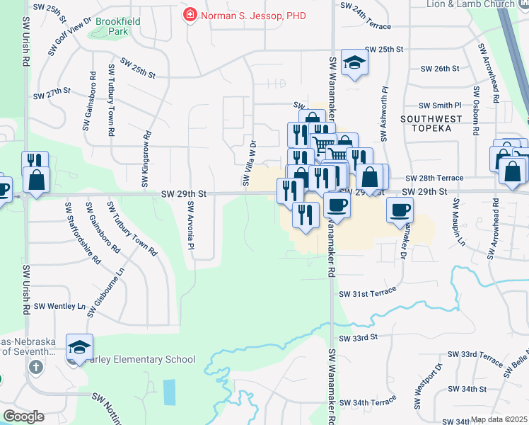 map of restaurants, bars, coffee shops, grocery stores, and more near 2901 Southwest Armstrong Avenue in Topeka