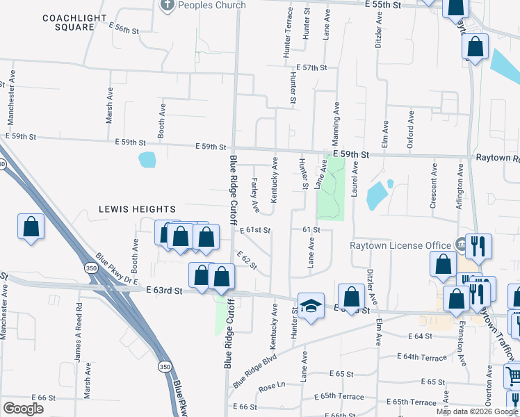 map of restaurants, bars, coffee shops, grocery stores, and more near 6016 Farley Avenue in Raytown