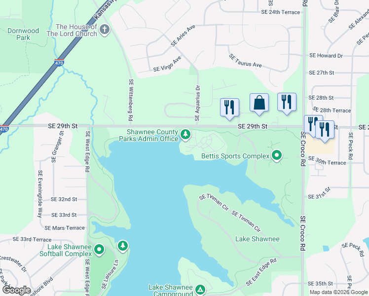 map of restaurants, bars, coffee shops, grocery stores, and more near 3137 Southeast 29th Street in Topeka