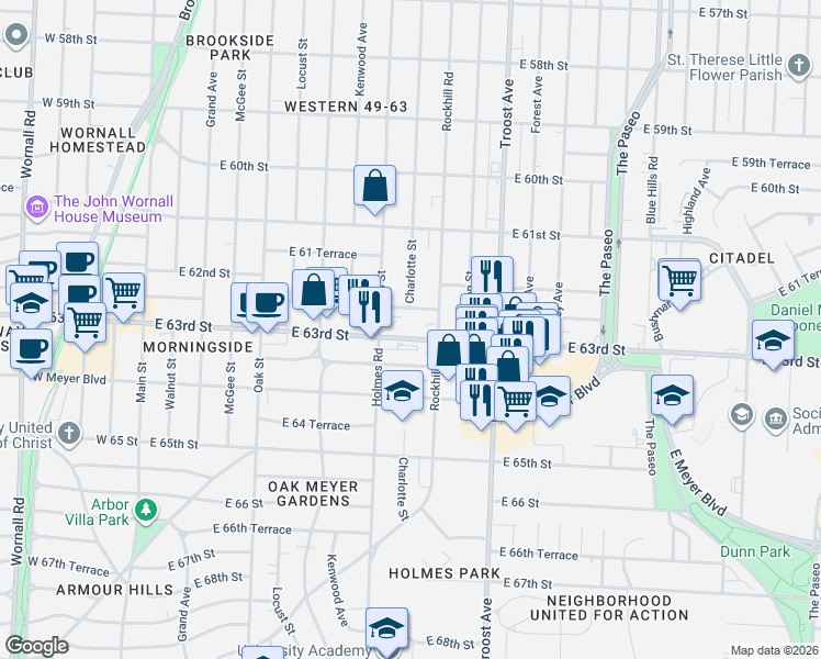 map of restaurants, bars, coffee shops, grocery stores, and more near 800 East 63rd Street in Kansas City