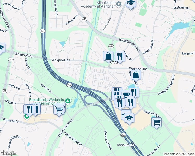 map of restaurants, bars, coffee shops, grocery stores, and more near 43490 Huxley Terrace in Ashburn