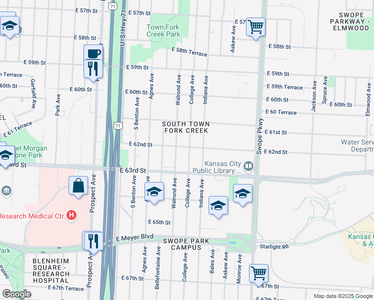 map of restaurants, bars, coffee shops, grocery stores, and more near 3221 East 62nd Street in Kansas City