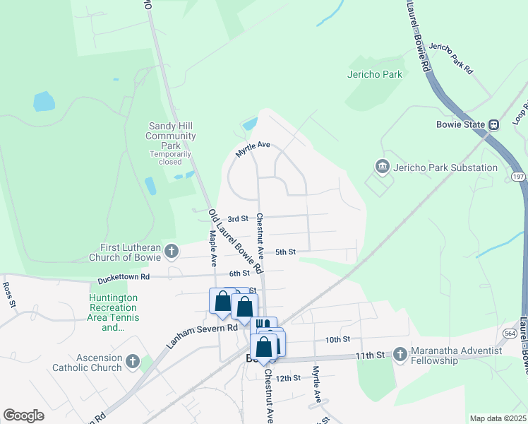 map of restaurants, bars, coffee shops, grocery stores, and more near 9011 Chestnut Avenue in Bowie