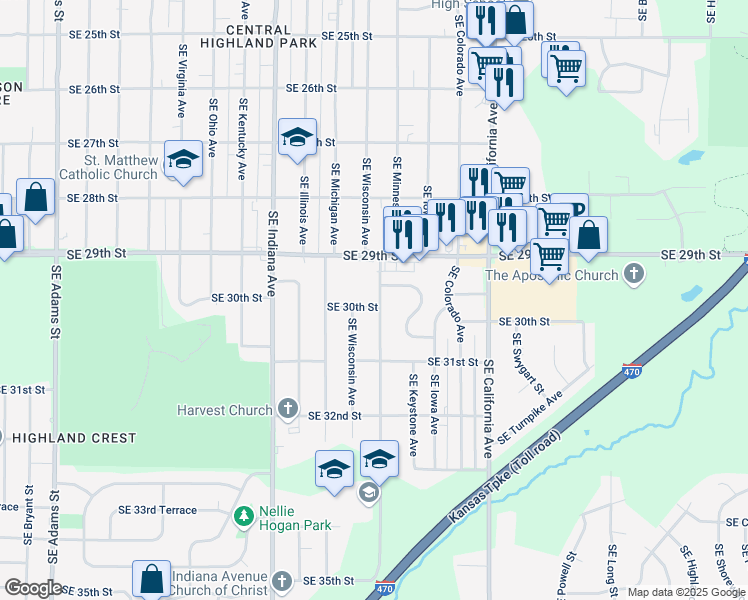 map of restaurants, bars, coffee shops, grocery stores, and more near 2935 SE Minnesota Ave in Topeka