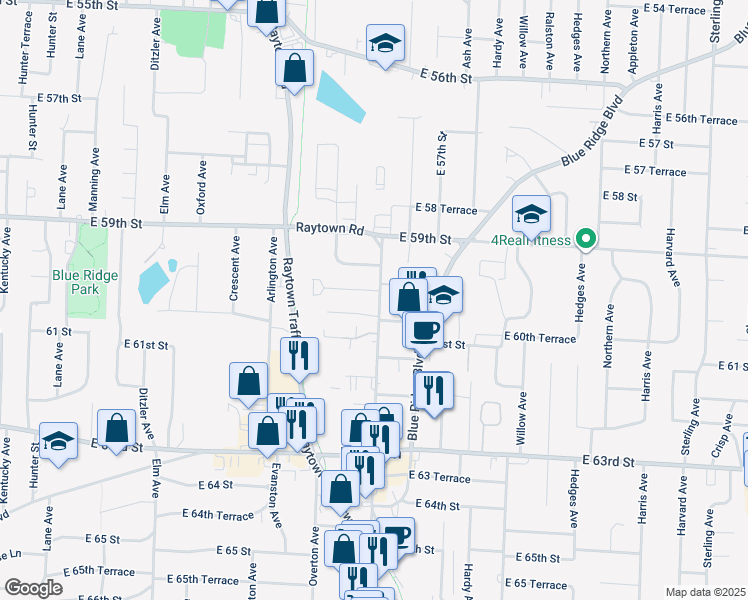 map of restaurants, bars, coffee shops, grocery stores, and more near 9912 East 60th Terrace in Raytown