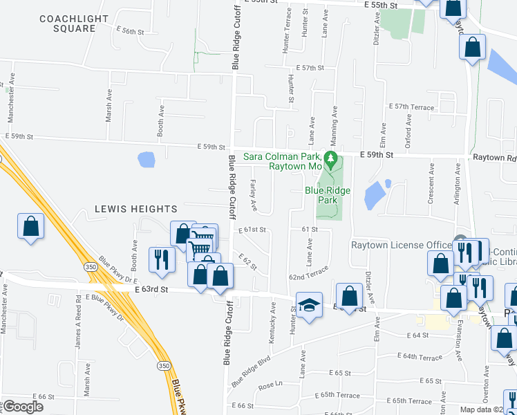 map of restaurants, bars, coffee shops, grocery stores, and more near 6016 Farley Avenue in Raytown