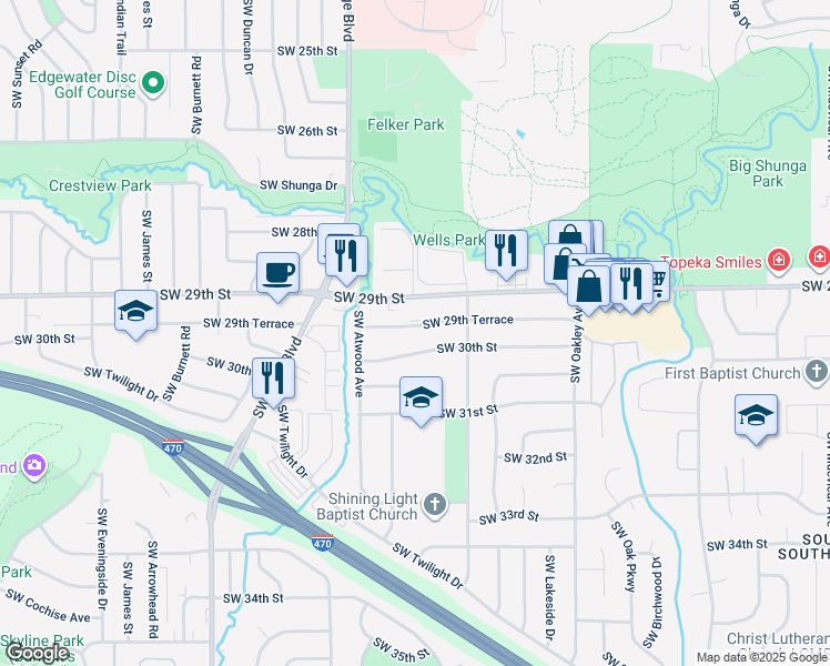 map of restaurants, bars, coffee shops, grocery stores, and more near 3619 Southwest 29th Terrace in Topeka