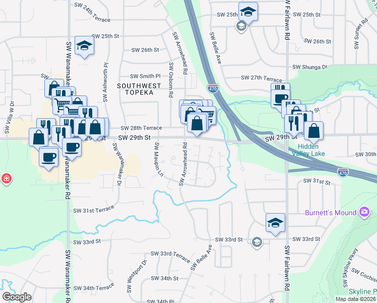 map of restaurants, bars, coffee shops, grocery stores, and more near 2925 Southwest Arrowhead Road in Topeka