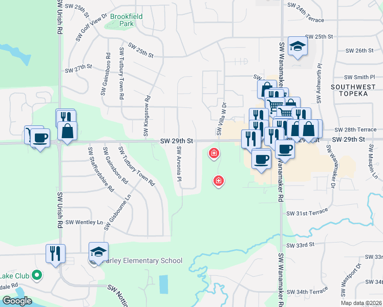 map of restaurants, bars, coffee shops, grocery stores, and more near 2930 Southwest Arvonia Place in Topeka