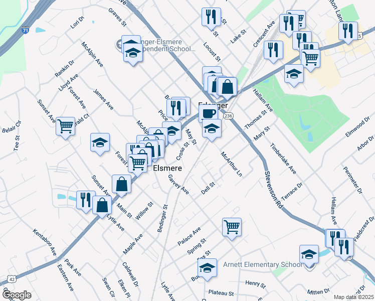 map of restaurants, bars, coffee shops, grocery stores, and more near 221 Cross Street in Elsmere
