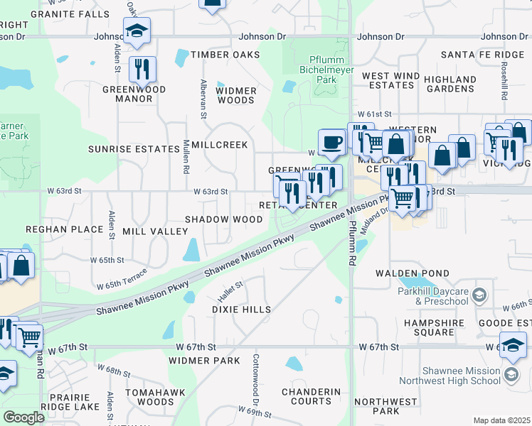 map of restaurants, bars, coffee shops, grocery stores, and more near 6318 Widmer Road in Shawnee