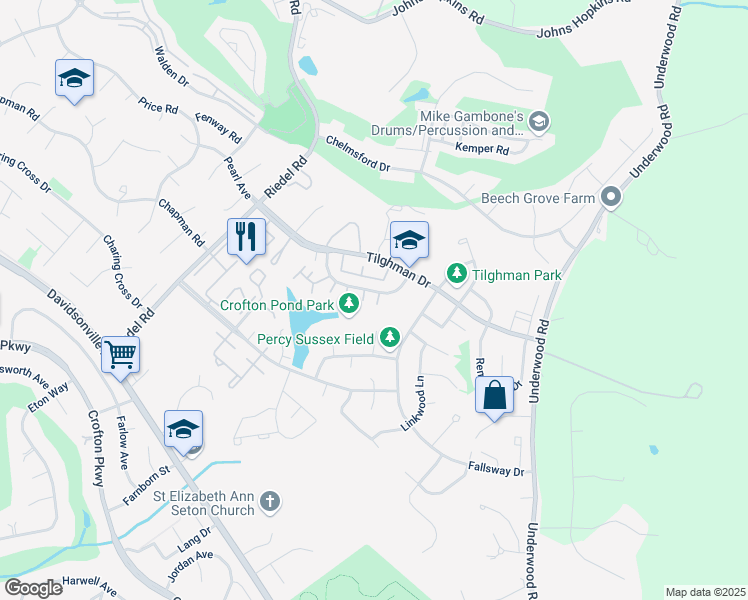 map of restaurants, bars, coffee shops, grocery stores, and more near 1900 Encino Drive in Crofton