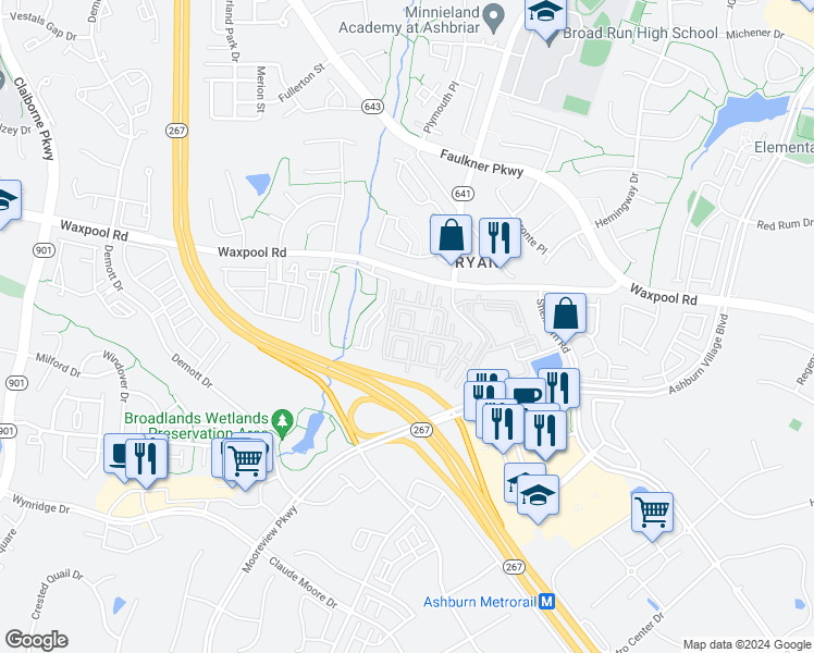 map of restaurants, bars, coffee shops, grocery stores, and more near 43490 Huxley Terrace in Ashburn
