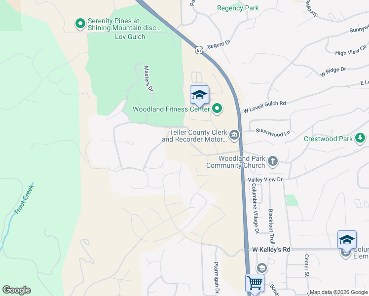 map of restaurants, bars, coffee shops, grocery stores, and more near 1024 Research Drive in Woodland Park