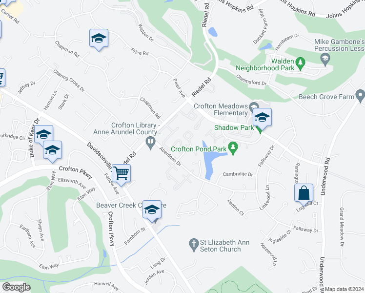 map of restaurants, bars, coffee shops, grocery stores, and more near 1614 East Bancroft Lane in Crofton