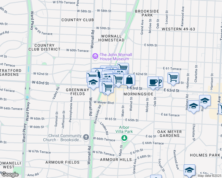 map of restaurants, bars, coffee shops, grocery stores, and more near 6312 Baltimore Avenue in Kansas City