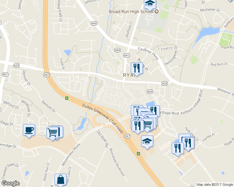 map of restaurants, bars, coffee shops, grocery stores, and more near 21799 Findon Court in Ashburn