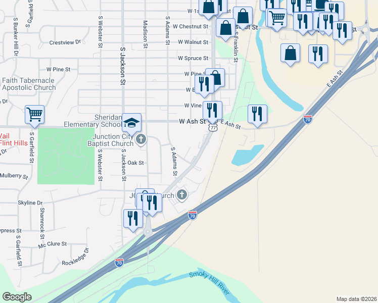 map of restaurants, bars, coffee shops, grocery stores, and more near in Junction City