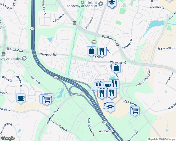 map of restaurants, bars, coffee shops, grocery stores, and more near Findon Court in Ashburn