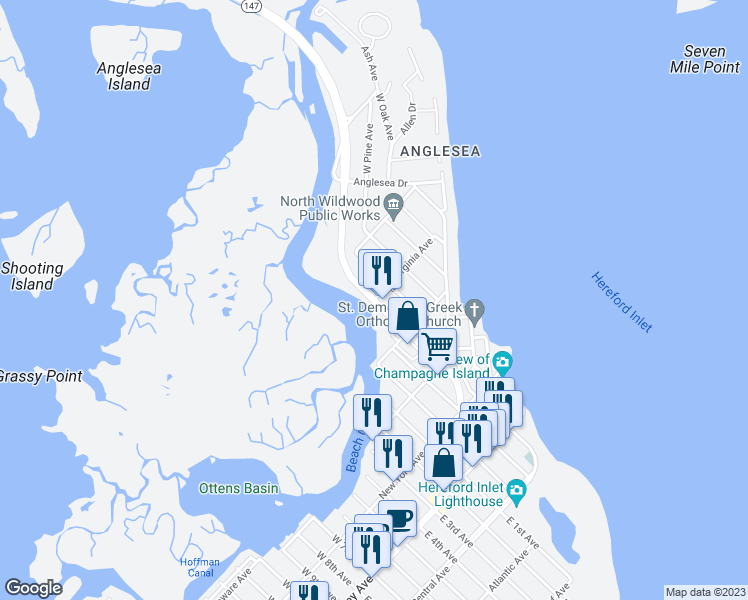 map of restaurants, bars, coffee shops, grocery stores, and more near 498 West Spruce Avenue in North Wildwood