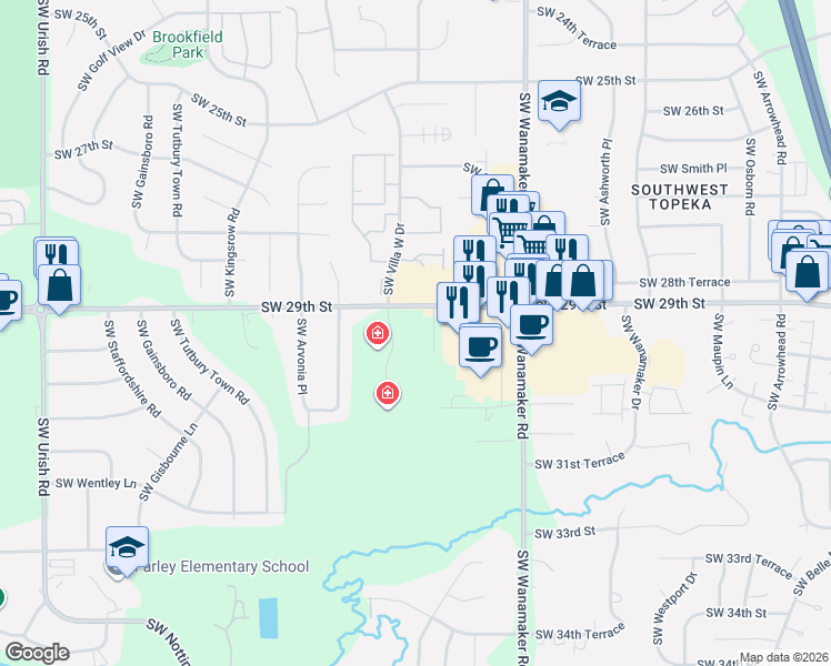 map of restaurants, bars, coffee shops, grocery stores, and more near 2901 Southwest Armstrong Avenue in Topeka