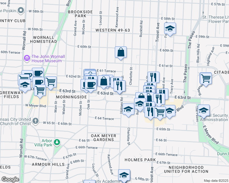 map of restaurants, bars, coffee shops, grocery stores, and more near 626 East 63rd Street in Kansas City