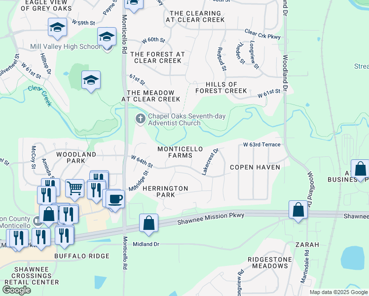 map of restaurants, bars, coffee shops, grocery stores, and more near 6307 Brownridge Drive in Shawnee