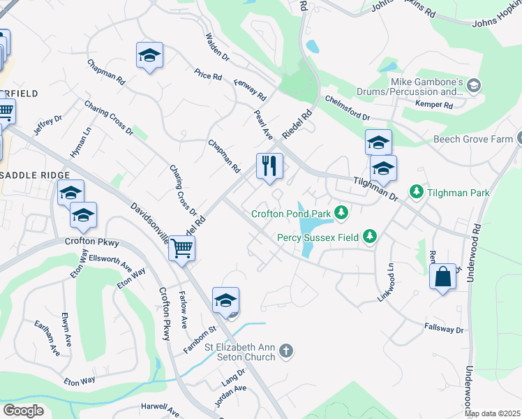 map of restaurants, bars, coffee shops, grocery stores, and more near 1721 East Bancroft Lane in Crofton