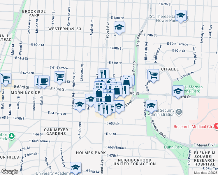 map of restaurants, bars, coffee shops, grocery stores, and more near 1100 East 63rd Street in Kansas City