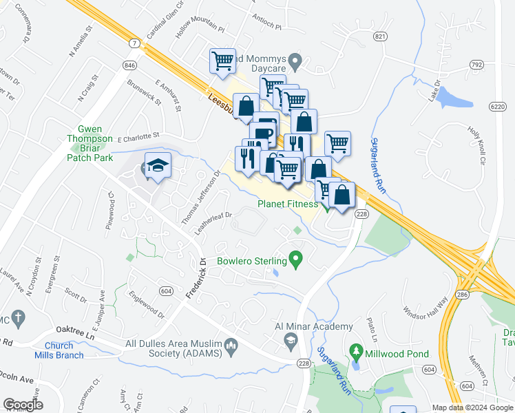 map of restaurants, bars, coffee shops, grocery stores, and more near 46834 Trumpet Circle in Sterling