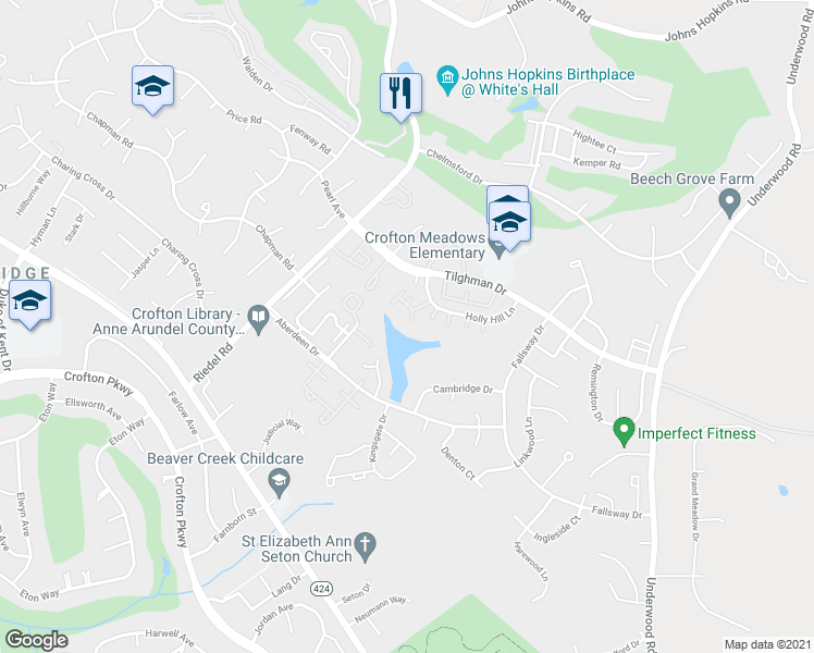 map of restaurants, bars, coffee shops, grocery stores, and more near 1917 Everglade Court in Crofton