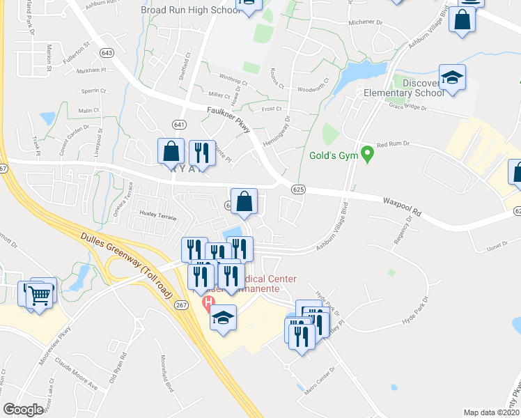 map of restaurants, bars, coffee shops, grocery stores, and more near 21785 Goose Cross Terrace in Ashburn