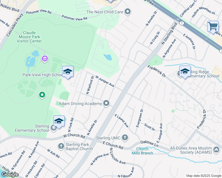 map of restaurants, bars, coffee shops, grocery stores, and more near 907 North Amelia Street in Sterling