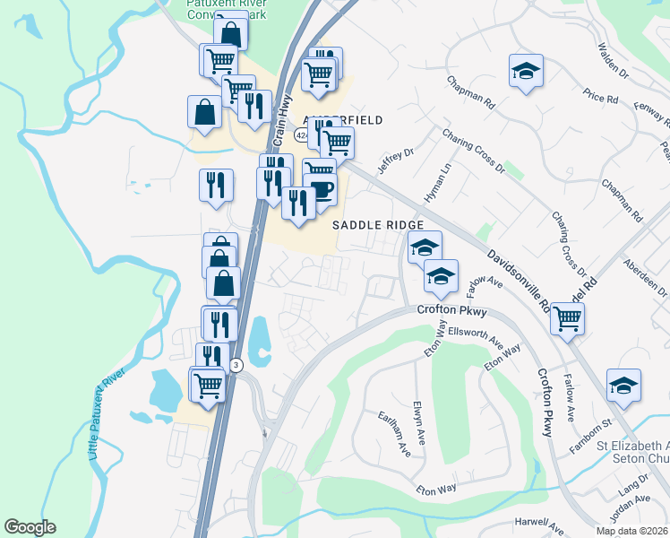 map of restaurants, bars, coffee shops, grocery stores, and more near 1687 Fallowfield Court in Crofton