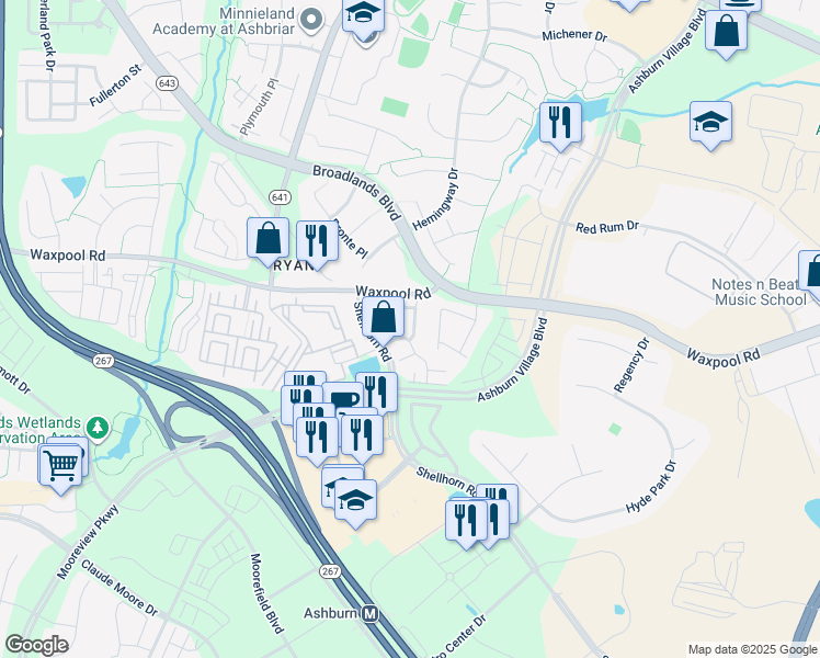 map of restaurants, bars, coffee shops, grocery stores, and more near 21785 Goose Cross Terrace in Ashburn