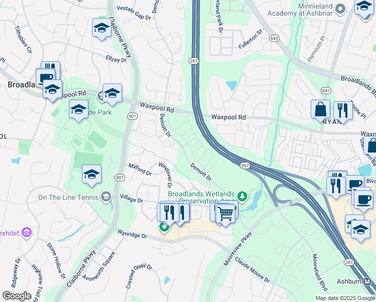 map of restaurants, bars, coffee shops, grocery stores, and more near 43258 Farringdon Square in Ashburn