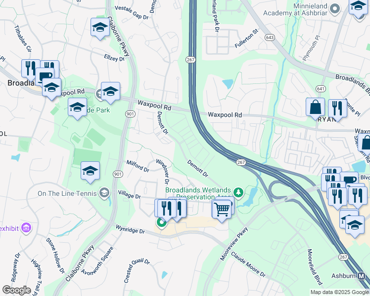 map of restaurants, bars, coffee shops, grocery stores, and more near 43258 Farringdon Square in Ashburn